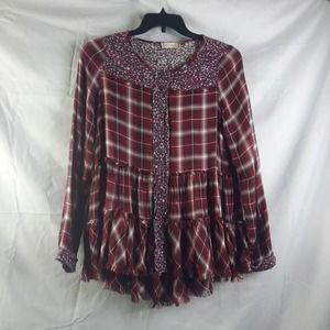 Altered State Self Burgundy White Floral Plaid ButtonUp Tiered Frayed Hem Top MD